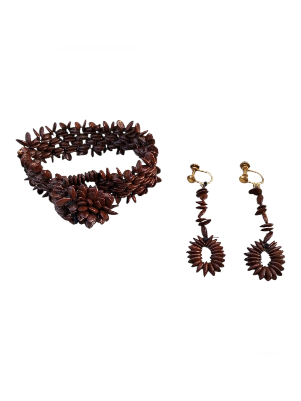​Vintage Natural Brown Seed Jewelry Set Woven Bracelet & Clip On Dangle Earrings